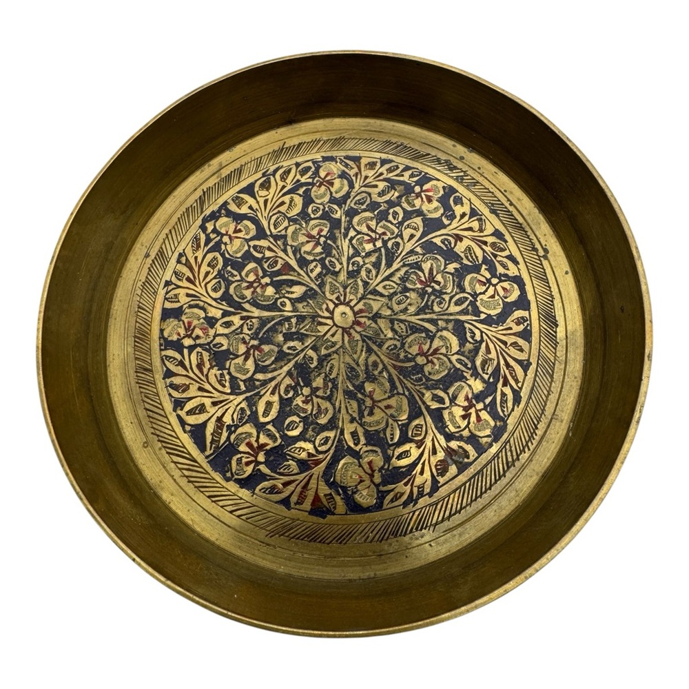 Vintage Brass Decorative Tray – 5” Floral Design with Blue & Red Enamel Inlay
